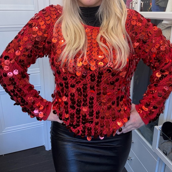 Vintage 80s crescendo Red Large Disc Sequin Sweater Crochet Small Christmas Glam - Picture 2 of 2